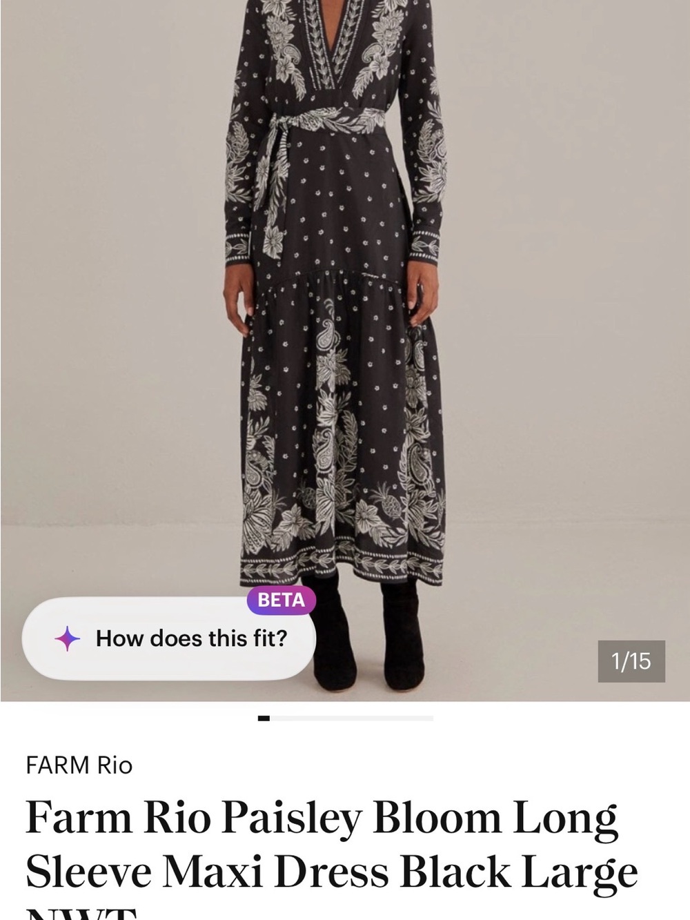 Farm Rio Paisley Bloom Long Sleeve Maxi Dress Black Size Large